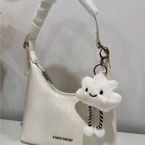 White Shoulder Bag with Cute Cloud Keychain